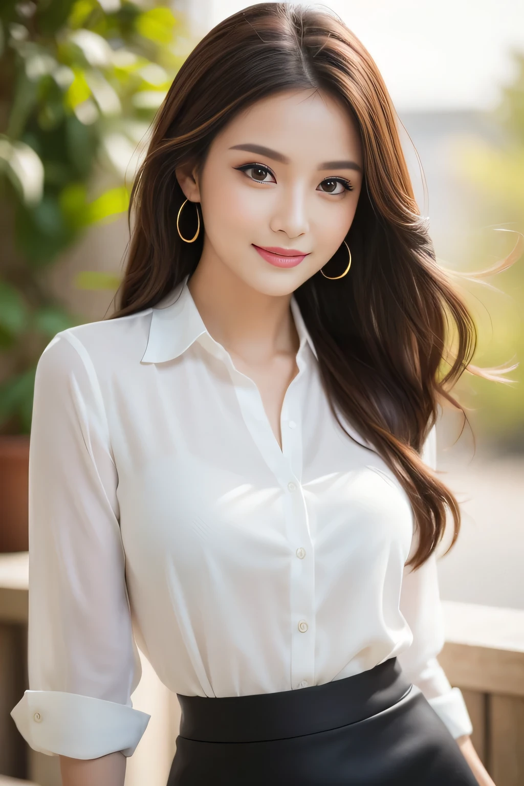 (highest quality,Very detailed,Photorealistic:1.37),Very beautiful eyes, Bright and vibrant colors,Studio Lighting, Playful expressions, Very fine grain, Stylish makeup,Beautiful fashion model posing, Ribbon Blouse Silk Shirt, loose long shirt, (mini black pencil skirt) (Skin Tight Skirt), Slim figure, Medium round chest, High Fashion, Brown hair fluttering in the wind,Captivating eyes,Glossy Lips,Sexy pose, Confident、Captivating smile, Posing for a professional photo shoot, Shallow depth of field, emphasize the subject, Soft natural light, Create a dreamy and magical atmosphere.