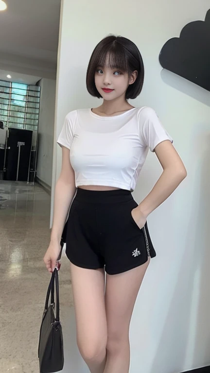 Black shorts、There is a white border on the hem、There is a slight slit at the hem、Very short pants、Small Ass、Beautiful Skin、Beautiful thighs、Stylish、Long legs、sporty design、Short Bob、Oversized white T-shirt、(Clothes that show underwear lines)