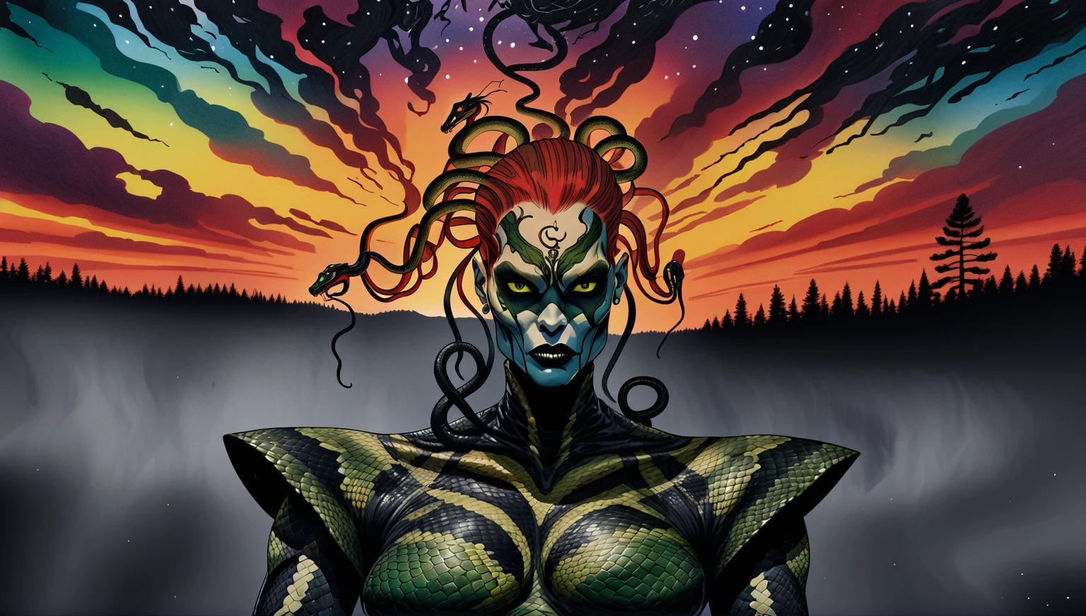 Medusa, colors, bleak muted deep fiery radiant glowing ROYGBIV,  splash page decompressed comic cover art, ink style figure, ((expressive Joelle Jones and "Sean Gordon Murphy" comic drawing)), wordless, cinematic poster, double exposure, optical illusion, image within image, abyss void black no visibility darkness, full length portrait, (background, pine barrens, entropy, rewilding, magic hour sunset, galaxy stars, cosmos), (horror, abstract, surreal, body, cosmic), candid, snake skin dress, morphology anatomy drawn Frederic Delavier musculature anatomical illustration, (face, ornate black-metal corpsepaint face paint, resembles Grace Jones), (body, Naga, snakefolk, lower body snake tail, snake woman hybrid, bald, hairless, skeleton, snake skin tattoos, piercing eyes, snake pupils, over the shoulder), (colors, bleak muted deep fiery radiant glowing ROYGBIV, forest green, earth brown), craftsmanship nuance, (Gerardo Zaffino charcoal), subliminal orchids, nyctophobia, silhouette
