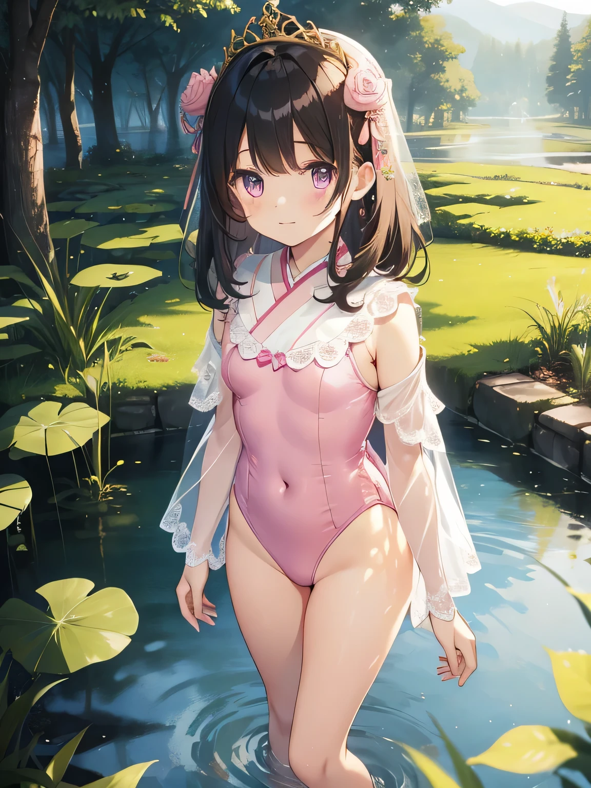 highest quality、Very delicate and beautiful、Beautiful eyes、Very delicate and beautiful、Beautiful eyes、Pink Eyes、I、I、8-year-old 、Japanese、、Chiquita、Primary school students、Black-haired、((Pink leotard))、（High leg）、Tiara on head、Laughter、standing、Look forward、Pond in the background、forest