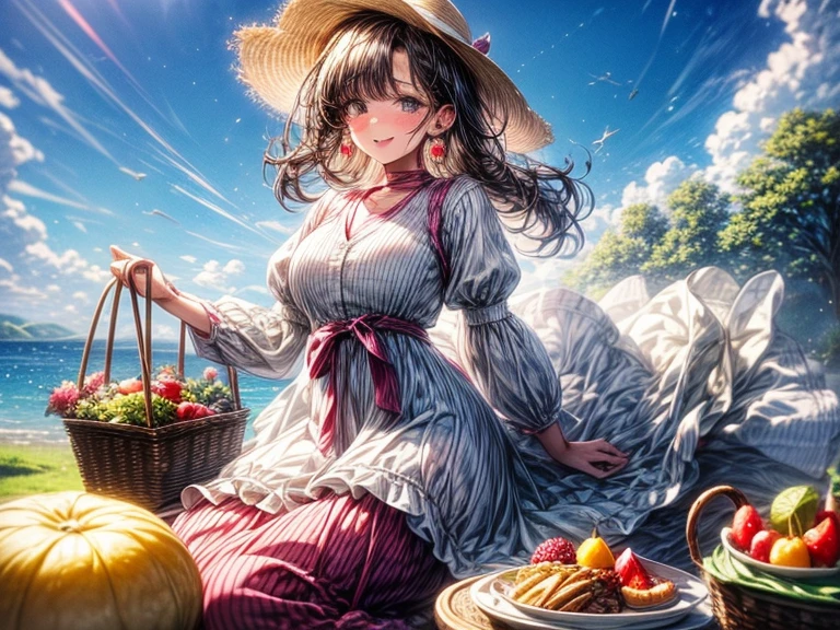 As an expert in outdoor gatherings, she organizes picture-perfect picnics in scenic locations, holding a basket filled with an assortment of fruits to complement the delectable spread she's prepared.