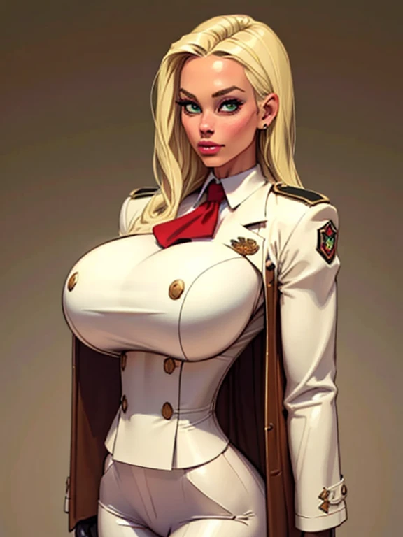 young adult girl, Tall stature, little chest, closed mouth, japanese appearance: Green eyes; blond hair; sharp facial features; dimple on the chin; Straight nose; high nose; pronounced high cheekbones; high forehead, stands upright, (gigantic breasts:1.4), detailed face, military uniform: double-breasted overcoat; pants, Full-length painting, leather gloves