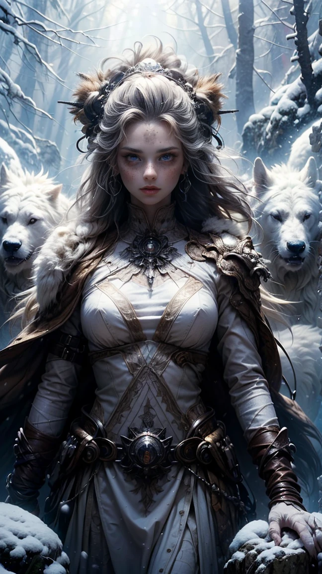 ((A woman from the snowy mountains, viste un traje de pieles de animales sexy y blanco), (Cabello Gris platinado muy largo con rastas), con pecas y la nariz roja por el frio intenso, pose de cazadora, cuerpo atletico y tatuajes tribales, pelo gris despeinado, tiene un lobo blanco de mascota, feroz y leal. They are on an ancient rock in the snow, raytraced, viento, paisaje de bosque nevado, (aesthetics and atmosphere:1.2), curiosa, feroz, valiente, ojos brillantes y azul cyan,plano amplio, cuerpo completo, extremidades posando como cazador. (foto cruda, mejor calidad), (realista, photo-realista:1.3), Obra maestra, un extremadamente atletico y hermoso cuerpo, cuerpo palido extremadamente detallado, Best quality score, ultra dynamic rage hunter pose, close up, high view, snowy forest atmosphere, angulo picado