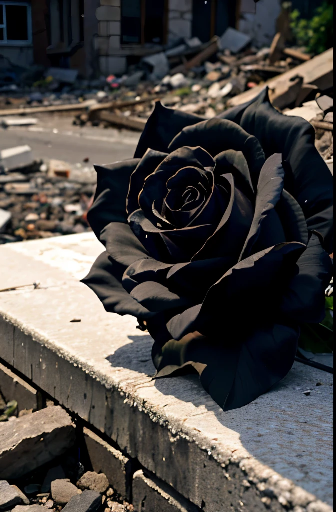 A black rose blooming on the rubble