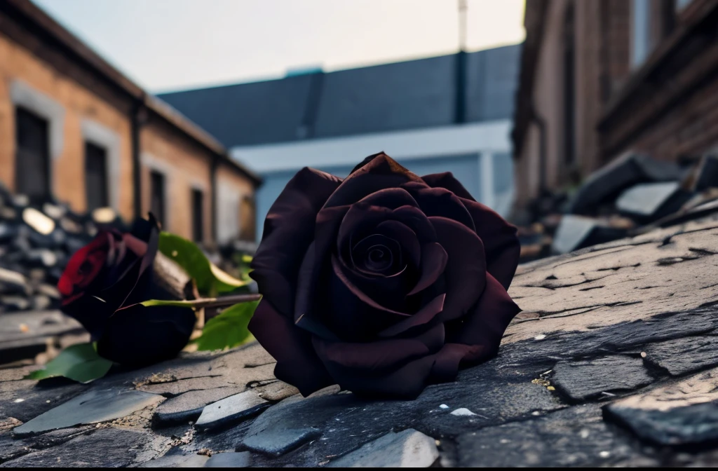 Black roses blooming on rubble