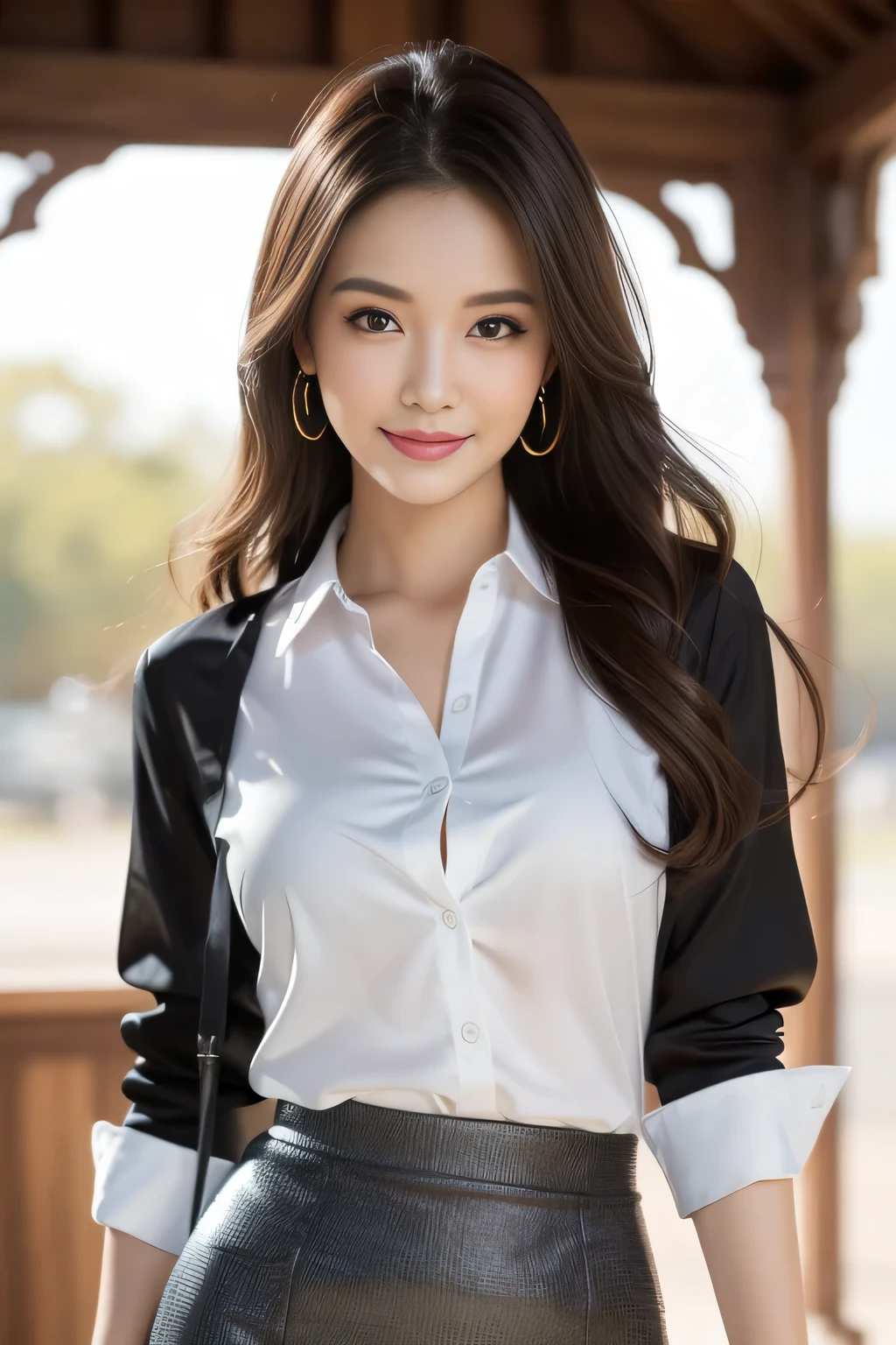 (highest quality,Very detailed,Photorealistic:1.37),Very beautiful eyes, Bright and vibrant colors,Studio Lighting, Playful expressions, Very fine grain, Stylish makeup,Beautiful fashion model posing, Ribbon Blouse Silk Shirt, loose long shirt, (mini black pencil skirt) (Skin Tight Skirt), Slim figure, Medium round chest, High Fashion, Brown hair fluttering in the wind,Captivating eyes,Glossy Lips,Sexy pose, Confident、Captivating smile, Posing for a professional photo shoot, Shallow depth of field, emphasize the subject, Soft natural light, Create a dreamy and magical atmosphere.