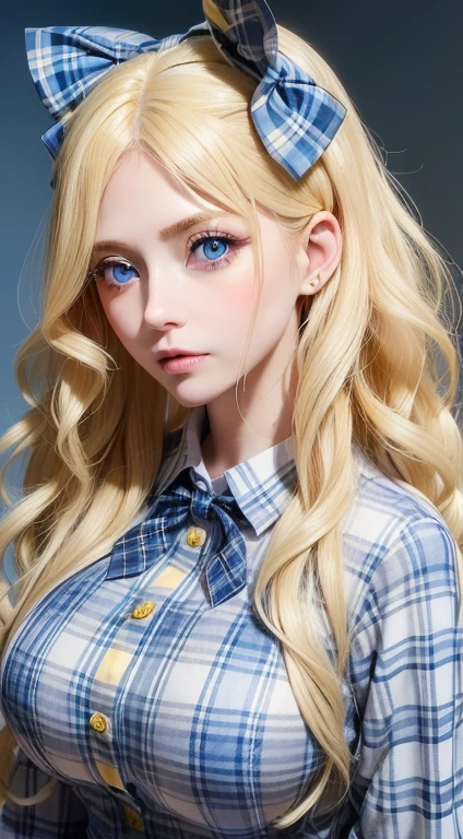 Female((35year old)), hair((wavy, long, blonde)), eyes((big eyes, blue eyes)), clothes((shirts, plaid, yellow)), accessories((hair bow)), gigantic breast, big breast, korean make-up look, blank background, blank,