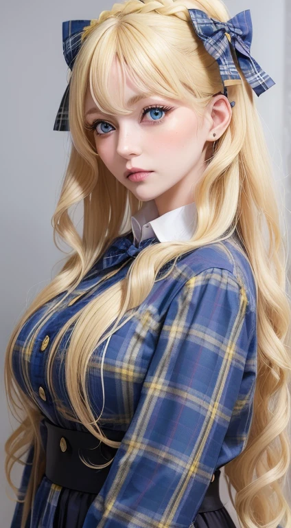 Female((35year old)), hair((wavy, long, blonde)), eyes((big eyes, blue eyes)), clothes((shirts, plaid, yellow)), accessories((hair bow)), gigantic breast, big breast, korean make-up look, blank background, blank, 