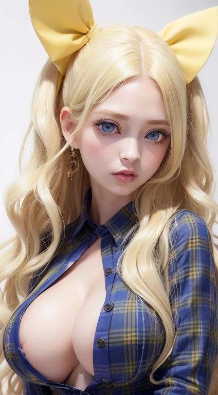 Female((35year old)), hair((wavy, long, blonde)), eyes((big eyes, blue eyes)), clothes((shirts, plaid, yellow)), accessories((hair bow)), gigantic breast, big breast, korean make-up look, blank background, blank, 