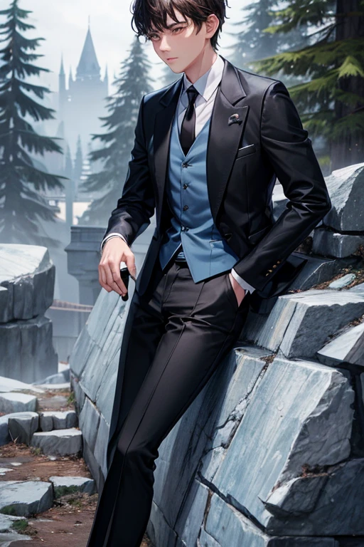 15 year old boy short brown hair French clothing light blue shirt with black tie black pants black shoes fur jacket made of bear fur sapphire pin shaped like a pine tree background of a dark castle