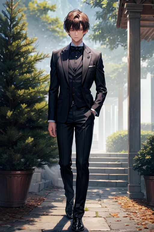 15 year old boy short brown hair French clothing light blue shirt with black tie black pants black shoes fur jacket made of bear fur sapphire pin shaped like a pine tree background of a dark castle