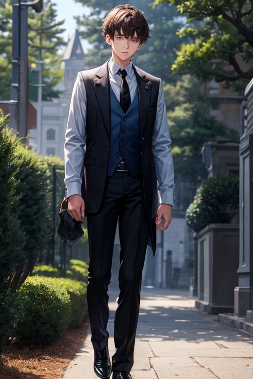 15 year old boy short brown hair French clothing light blue shirt with black tie black pants black shoes fur jacket made of bear fur sapphire pin shaped like a pine tree background of a dark castle