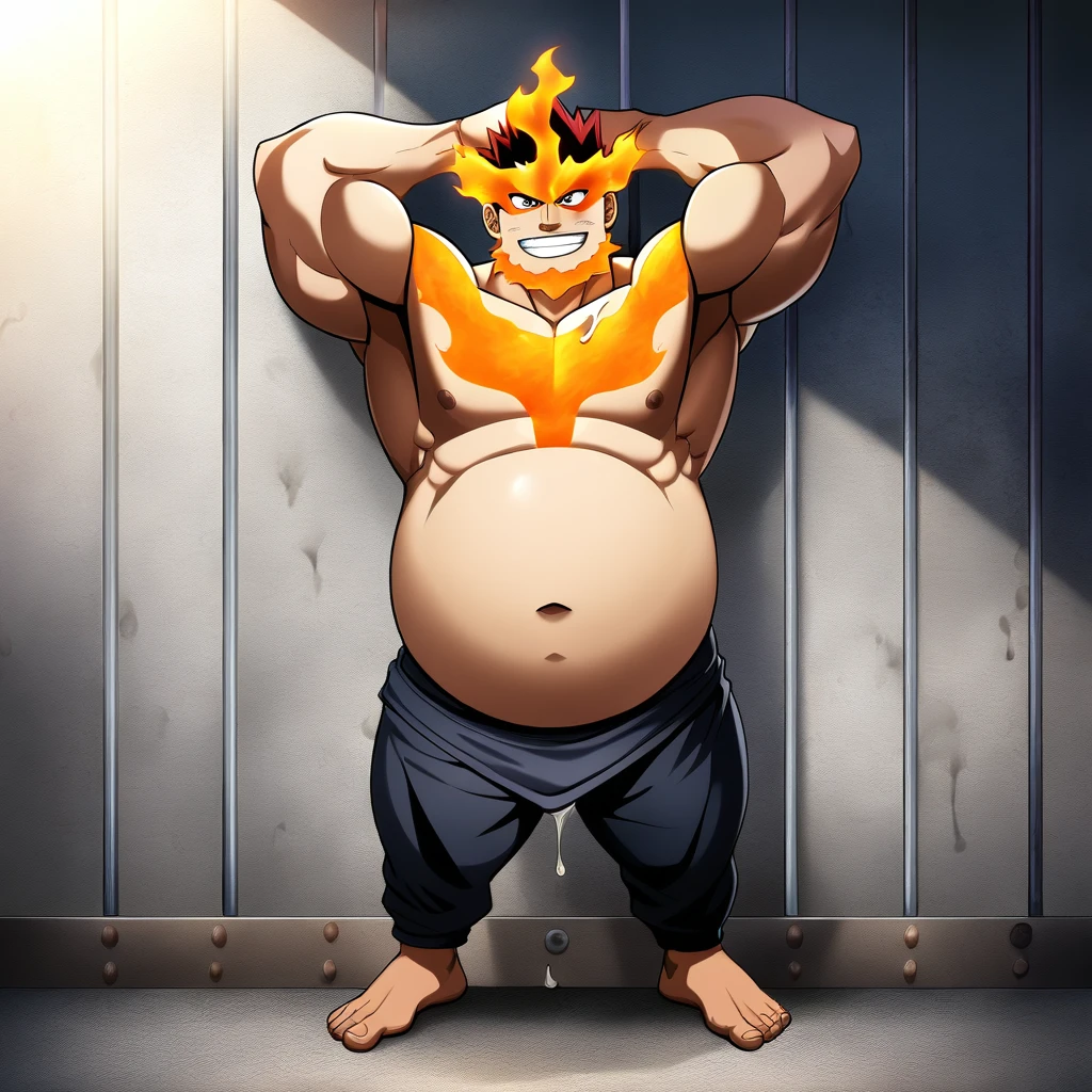 1boys, full body, male focus, muscular male, best quality, amazing quality, best aesthetic, absurdres, standing, gay , in the main city, official style, year 2023, game cg, looking at viewer, happy, looking at viewer, on picture, yaoi, emphasizing the extraordinary size of pregnant belly, pregnant belly, wet with milk dripping, (Flame Hero: Endeavor), boku no hero academia, chained up on the wall, nipples, arms back of head, wearing black short underwear, smile.