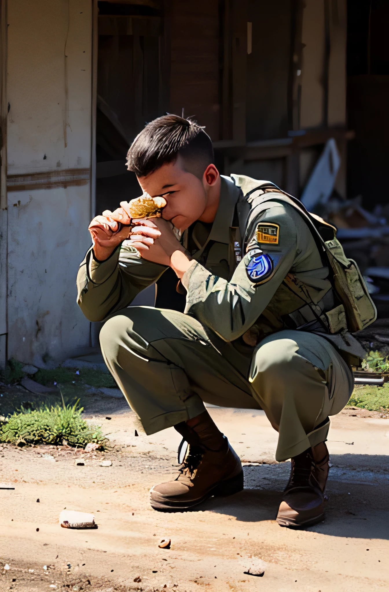 A soldier squats in the dilapidated environment of the battlefield,eating simple food