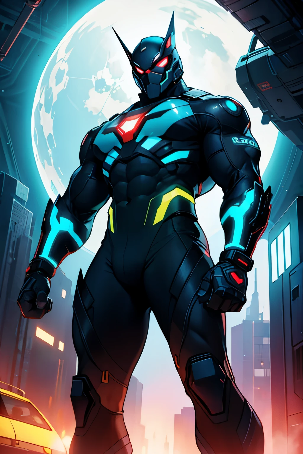 a muscular mexican cyber-hero with spandex cyber-suit in spaceship, mask on, giant