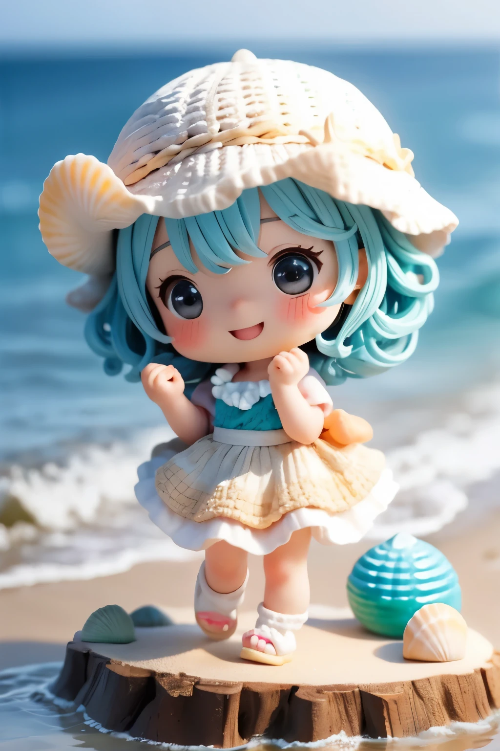 Photoreal、whole body、chibi girl、Seashell Accessories、smile、cute shoes、Picking up shells
