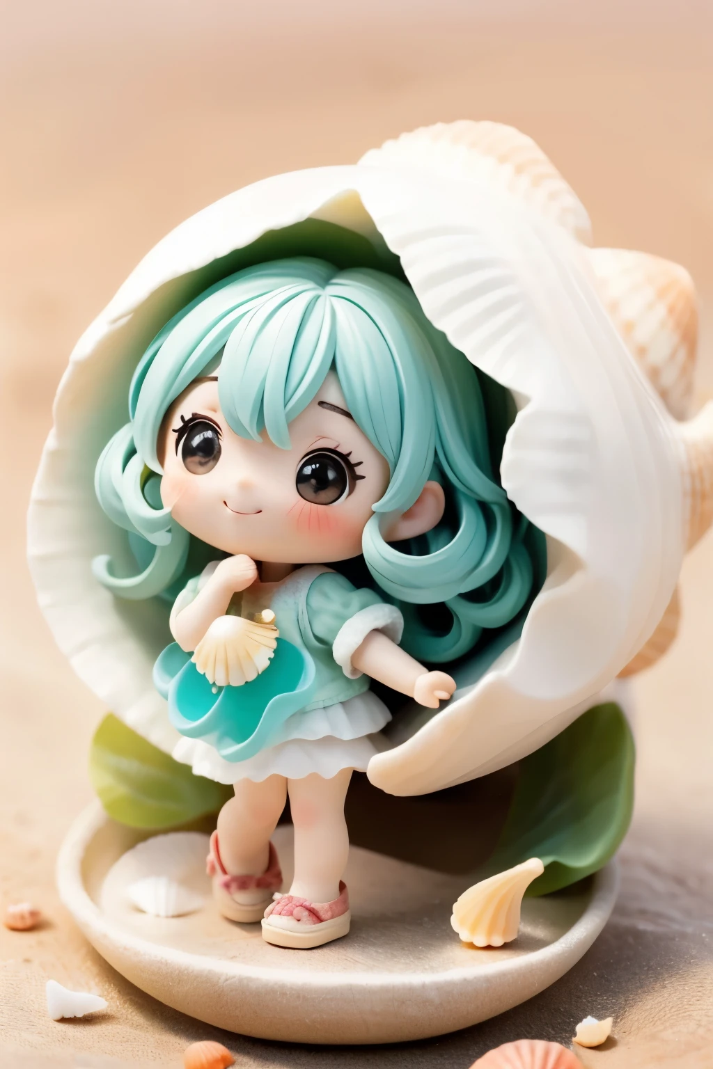 Photoreal、whole body、chibi girl、Seashell Accessories、smile、cute shoes、Picking up shells