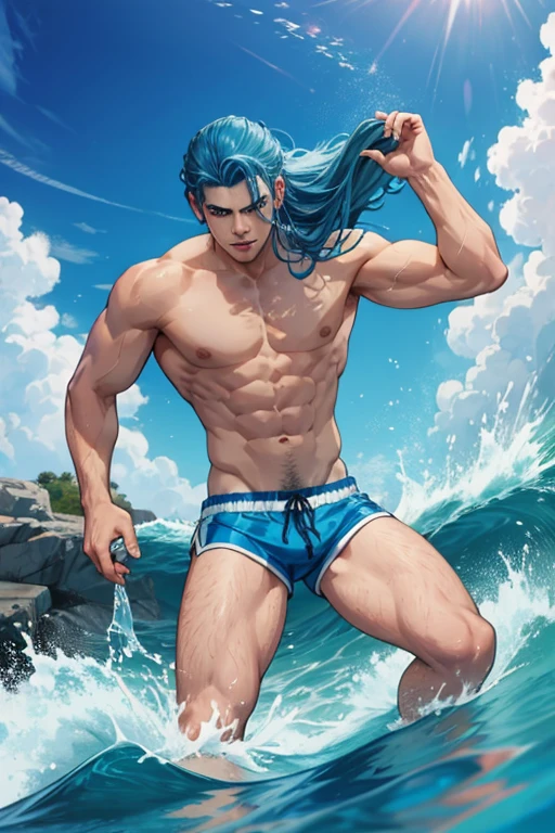 A muscular handsome blue haired man with silver eyes with long hair in swim trunks is splashing in the waves at the ocean