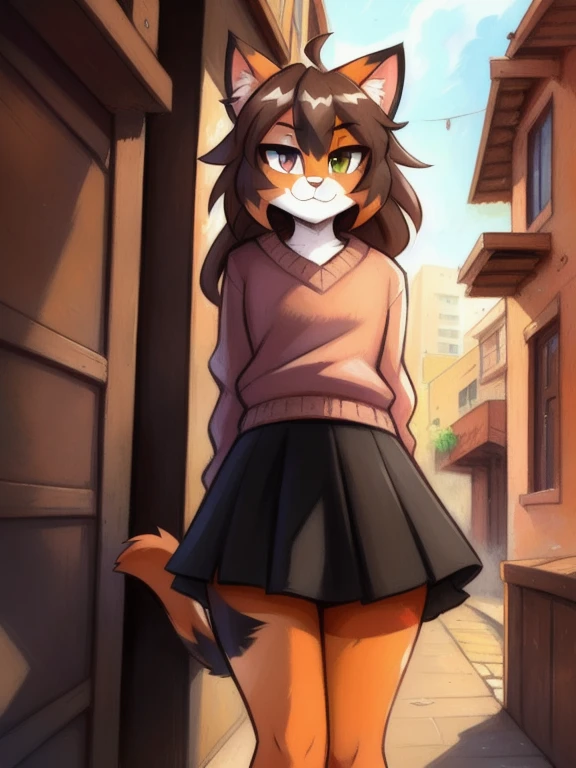 uploaded E621, beautiful and detailed portrait of a woman (((female))) anthro cat, Zackary911, kenket, uploaded to E621, by kilinah, (coffeesoda:1.1), hioshiru, kilinah, lighting Zenematic, seductive, bl, cat, thighighs, big chest, full body, beautiful, messy hair, brown hair, white eyes, thicc, solo, standing, long hair, 2-tone hair ((orange | black)), cat ears,  Totora, Totora, Thighighs, Calico cat, Heterochromia ((green | blue)), pink sweater, black skirt, dark alley, noon, hidden, view from below, upskirt, visible crotch ((blue striped panties)),vore,big belly,