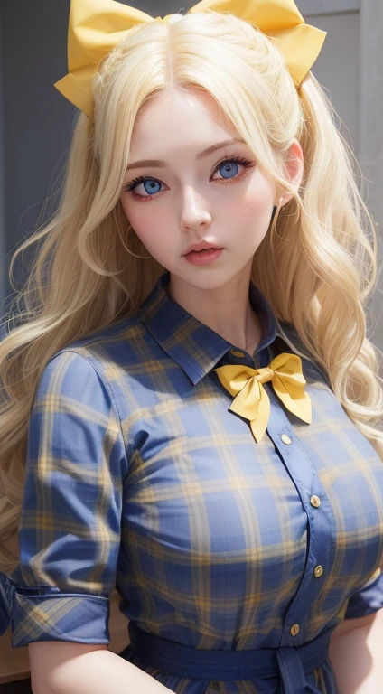 Female((35year old)), hair((wavy, long, blonde)), eyes((big eyes, blue eyes)), clothes((shirts, plaid, yellow)), accessories((hair bow)), gigantic breast, big breast, korean make-up look, blank background, blank,