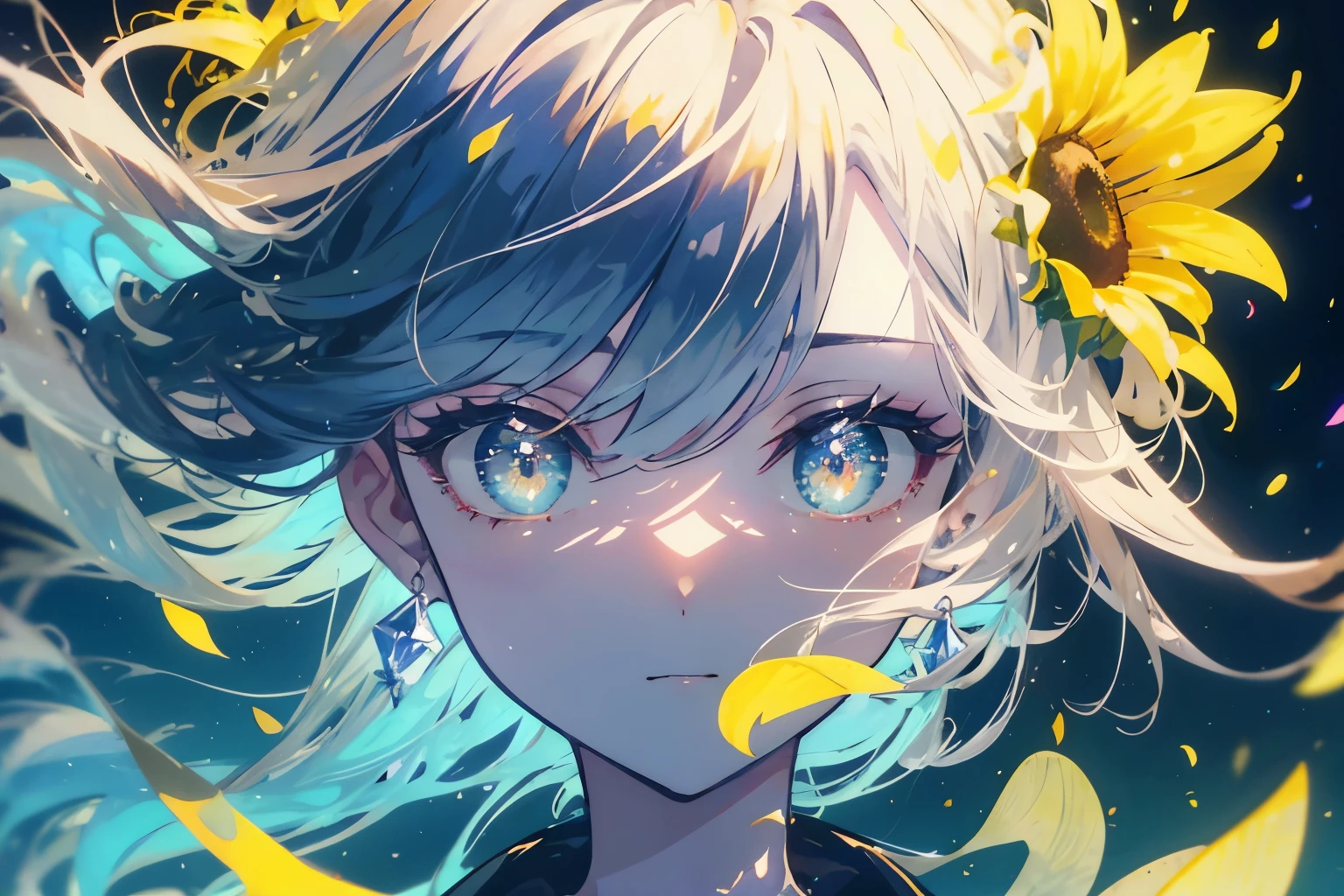 Create exquisite illustrations reminiscent of Makoto Shinkai's style, It has ultra-fine details and top-notch quality. Create a high-quality illustration featuring a fantastical scene of sunflower fields with petals dancing in the air, accompanied by a beautiful boy. The illustration should evoke a sense of nostalgia and enchantment, with intricate details and a dreamy atmosphere. From the vibrant sunflowers swaying in the breeze to the serene expression on the boy's face, every element should be meticulously crafted to immerse the viewer in a nostalgic and magical moment. best quality, masterpiece, expressive eyes, gorgeous, vivid, perfect face, smile, happyness, 2eyes, emotion, detailed pupils, vivid pupils,stunning, life, relfection, peace, warm, compsition, artistic, 4k, wallpaper, bonnet, wind, glowing eyes