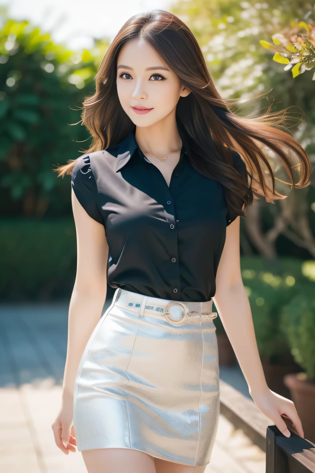 (highest quality,Very detailed,Photorealistic:1.37),Very beautiful eyes, Bright and vibrant colors,Studio Lighting, Playful expressions, Very fine grain, Stylish makeup,Beautiful fashion model posing, Ribbon Blouse Silk Shirt, loose long shirt, (mini black pencil skirt) (Skin Tight Skirt), Slim figure, Medium round chest, High Fashion, Brown hair fluttering in the wind,Captivating eyes,Glossy Lips,Sexy pose, Confident、Captivating smile, Posing for a professional photo shoot, Shallow depth of field, emphasize the subject, Soft natural light, Create a dreamy and magical atmosphere.