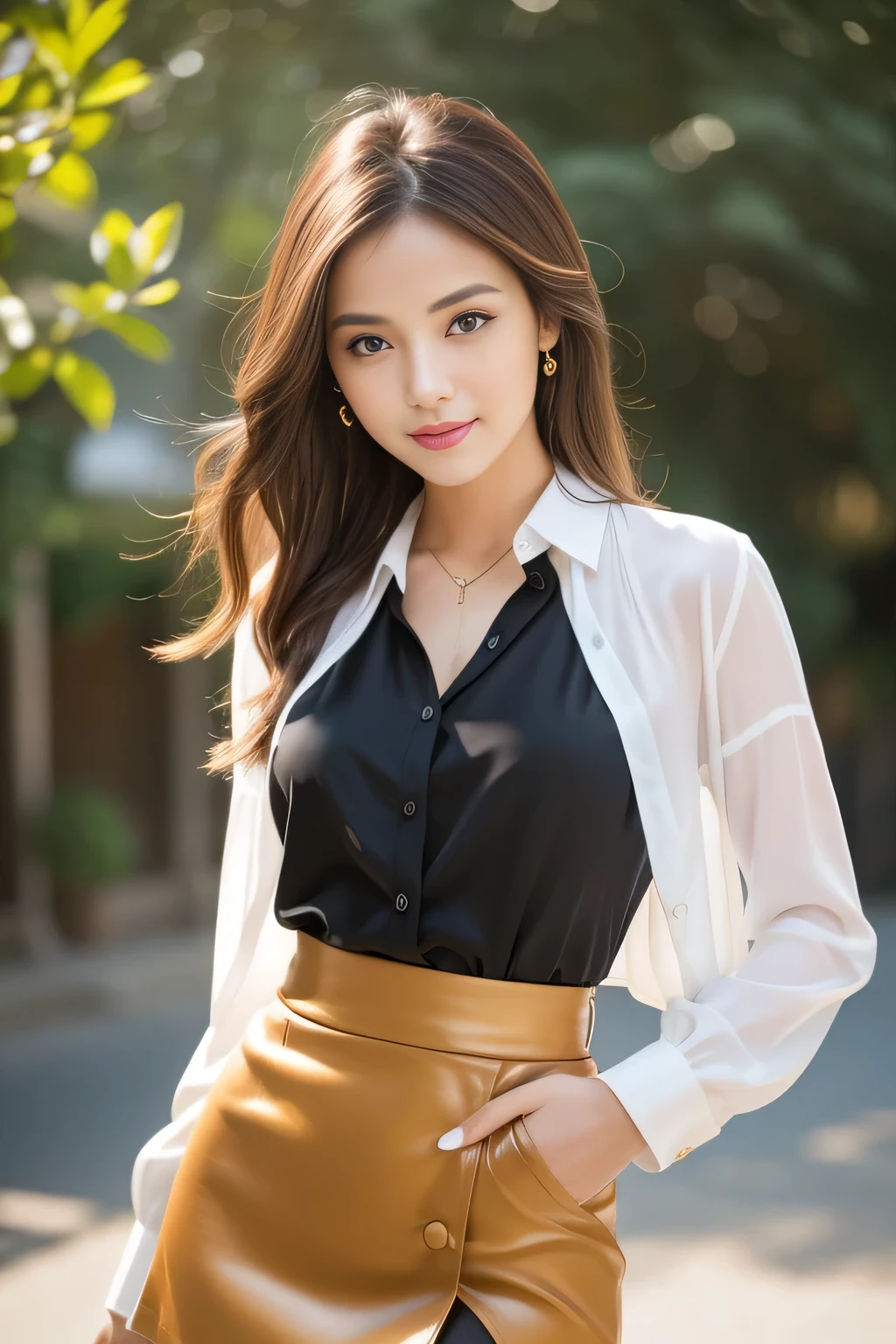 (highest quality,Very detailed,Photorealistic:1.37),Very beautiful eyes, Bright and vibrant colors,Studio Lighting, Playful expressions, Very fine grain, Stylish makeup,Beautiful fashion model posing, Ribbon Blouse Silk Shirt, loose long shirt, (mini black pencil skirt) (Skin Tight Skirt), Slim figure, Medium round chest, High Fashion, Brown hair fluttering in the wind,Captivating eyes,Glossy Lips,Sexy pose, Confident、Captivating smile, Posing for a professional photo shoot, Shallow depth of field, emphasize the subject, Soft natural light, Create a dreamy and magical atmosphere.