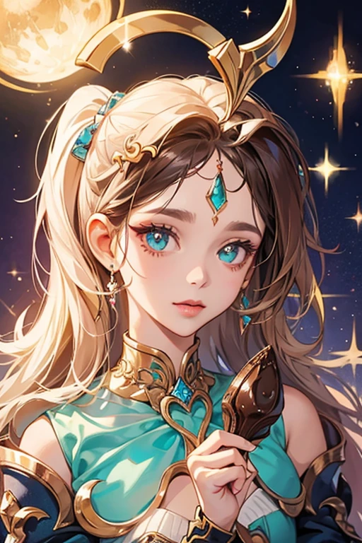 She is made out of Chocolate Ice Cream and has a crescent on her forehead. SPARKLE; GLITTER