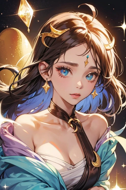 She is made out of Chocolate Ice Cream and has a crescent on her forehead. SPARKLE; GLITTER