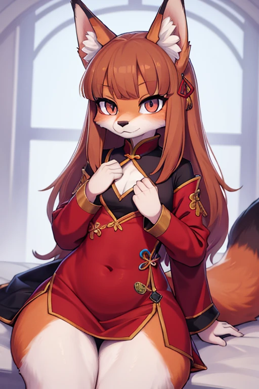 holo is a wolf , furry, fox tail, china dress, thick thighs, female furry mini cute style