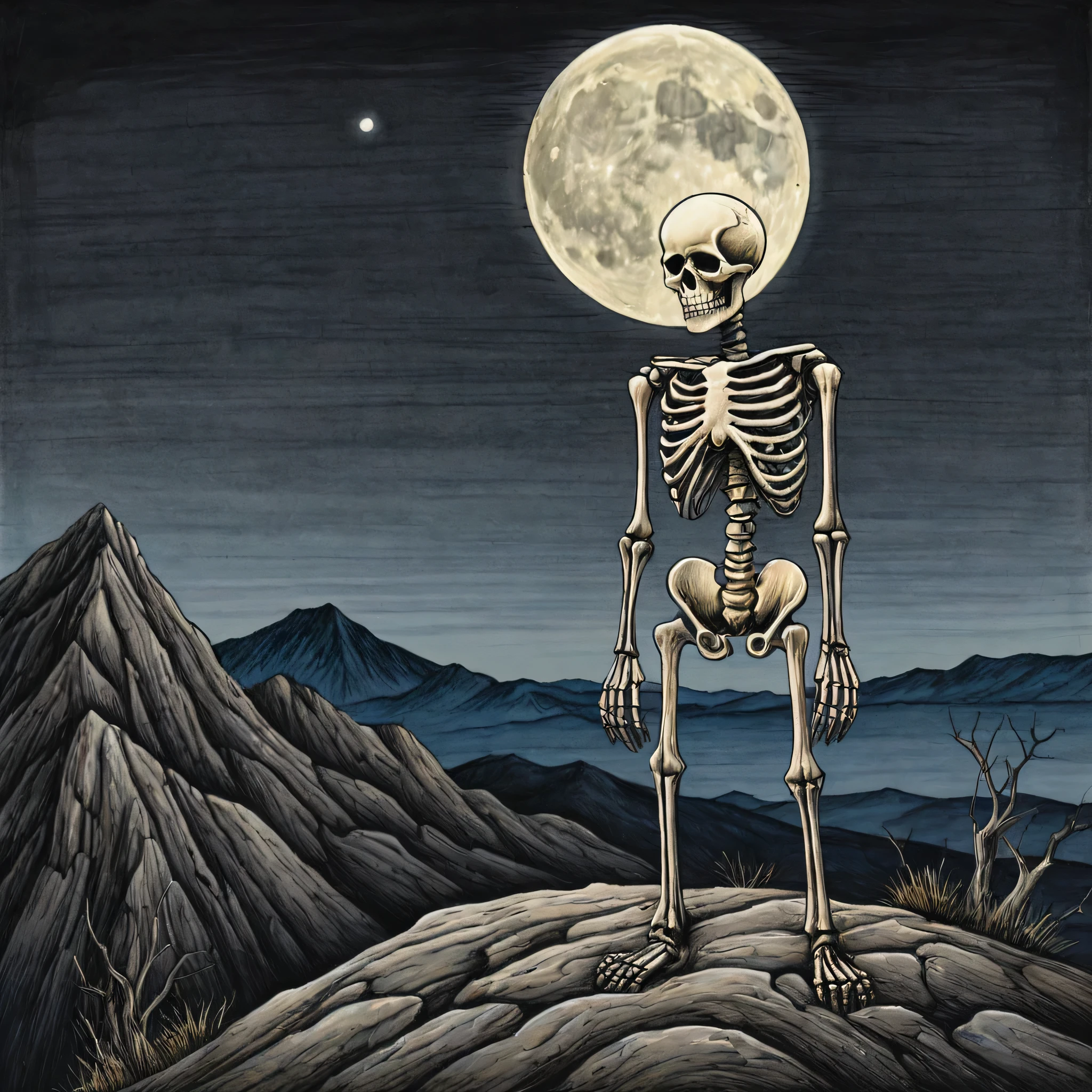 A pencil-colored drawing with black ink outline in a naive style, sad alone skeleton, standing in mountain, in background clear and dark sky, night, full moon