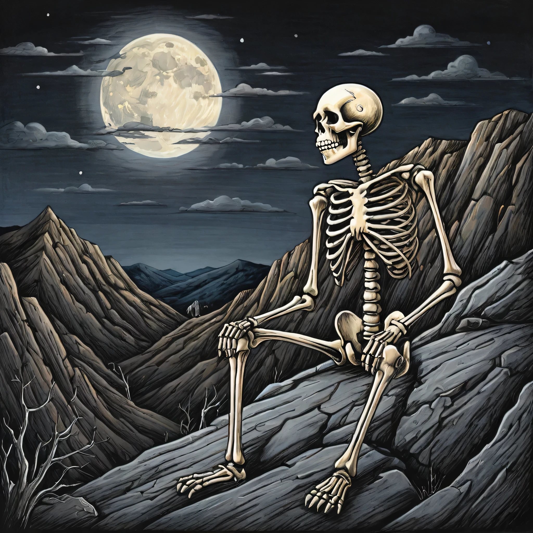 A pencil-colored drawing with black ink outline in a naive style, sad alone skeleton, broken heart by love, standing in mountain, in background clear and dark sky, night, full moon
