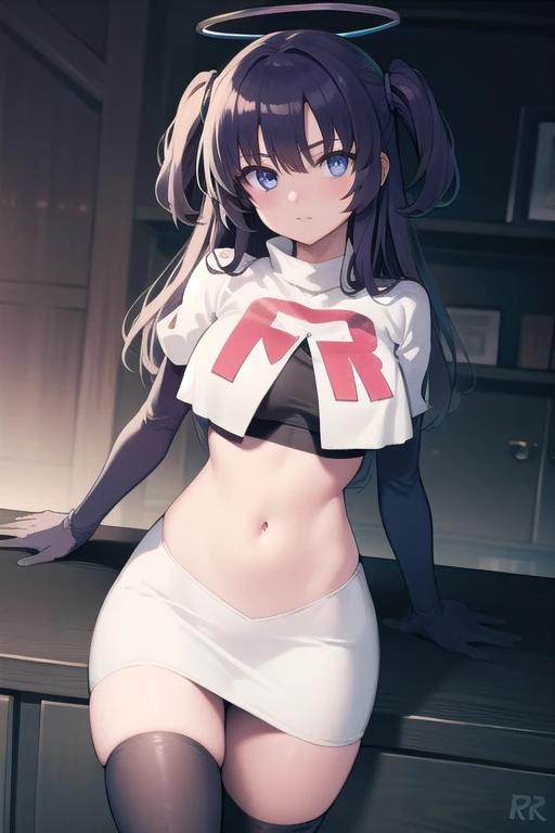 bluearchiveyuuka, yuuka, blue eyes, halo, purple hair, two side up, long hair,
BREAK halo, team rocket,team rocket uniform,white skirt,red letter R,crop top,black thigh-highs,black elbow gloves
BREAK looking at viewer,
BREAK (masterpiece:1.2), best quality, high resolution, unity 8k wallpaper, (illustration:0.8), (beautiful detailed eyes:1.6), extremely detailed face, perfect lighting, extremely detailed CG, (perfect hands, perfect anatomy),