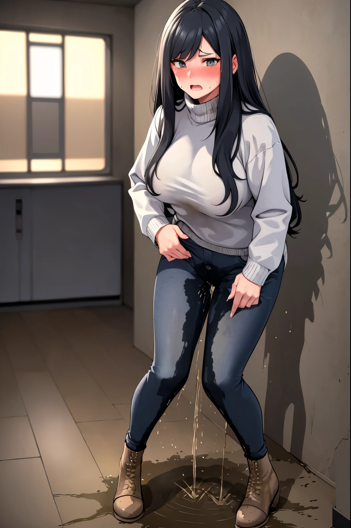 A woman with very long black hair, (very long hair:1.25) and (long bangs:1.5), wearing a stylish wool turtleneck sweater with jeans, long sleeves, (low-rise jeans:1.25), (low-cut jeans:1.25), standing. The artwork is inspired by manga and incorporates a doujin style. The woman appears to be (wetting herself:1.5), which causes her to feel embarrassed and humiliated, resulting in a blush on her face. In addition, there is an air of anger in her expression. The lighting in the scene is moody, with a spotlight highlighting the woman's figure, She has a very large pee stain that covers almost the entire front of her jeans., large breasts, skinny