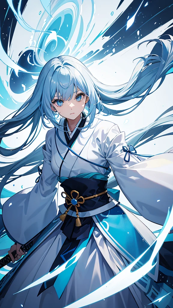 A man with a feminine face A Japanese woman with sky blue and white hair wearing blue and white clothes. Her hair is long and the background is black. Has a black sword handle Facing a gentle front