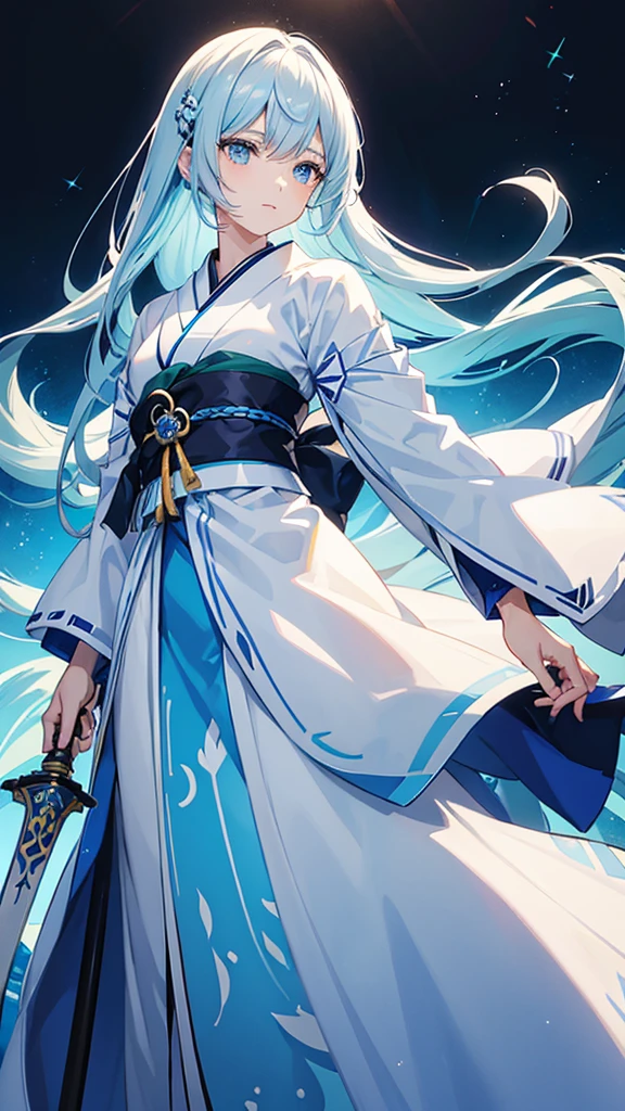 A man with a feminine face A Japanese woman with sky blue and white hair wearing blue and white clothes. Her hair is long and the background is black. Has a black sword handle Facing a gentle front