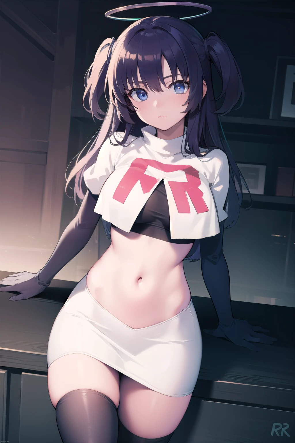 bluearchiveyuuka, yuuka, blue eyes, halo, purple hair, two side up, long hair,
BREAK halo, team rocket,team rocket uniform,white skirt,red letter R,crop top,black thigh-highs,black elbow gloves
BREAK looking at viewer,
BREAK (masterpiece:1.2), best quality, high resolution, unity 8k wallpaper, (illustration:0.8), (beautiful detailed eyes:1.6), extremely detailed face, perfect lighting, extremely detailed CG, (perfect hands, perfect anatomy),