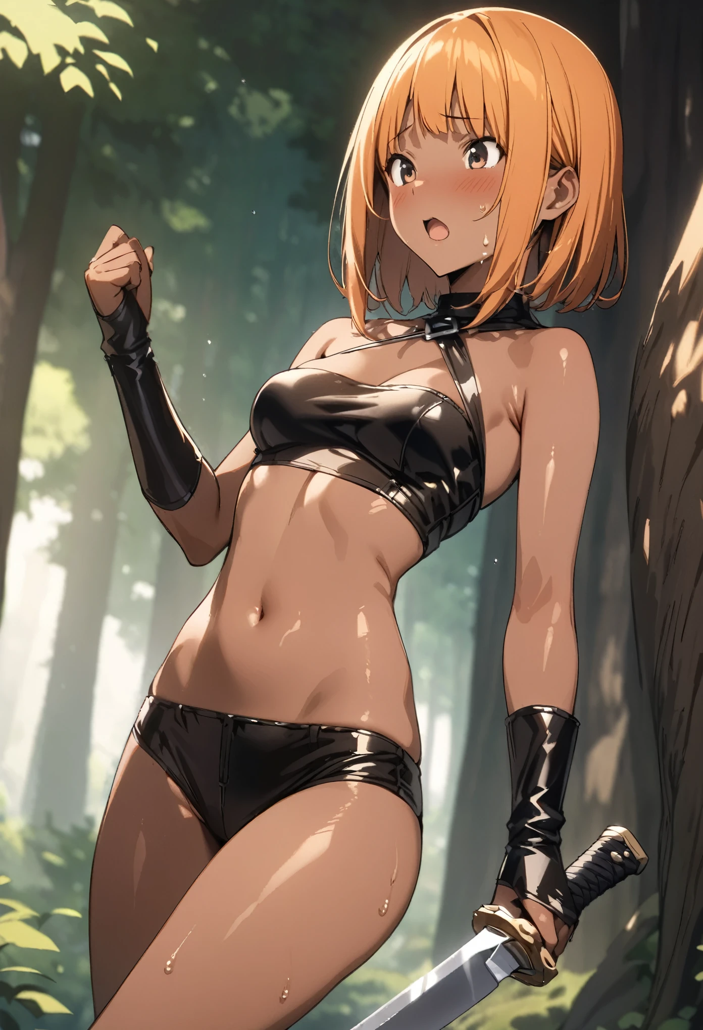 ((masterpiece, highest quality:1.2)),,1woman,20 year old beauty、solo,(bob hair),orange hair,very small head,blush,open mouth,slender and long body,(tan skin:1.3),skinny,medium breasts,oily skin,shiny skin,sweat,Thief Costume、Tube top、Crop length、navel、leather micro shrts,Leather short boots、Holding a combat knife in hand、sprinting、forest trees、Sunlight filtering through the trees、Fantasy World,