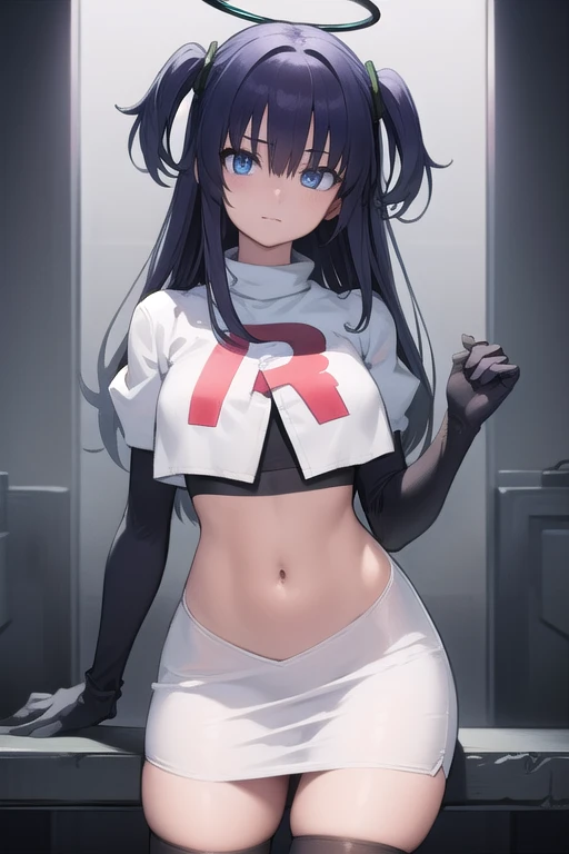 bluearchiveyuuka, yuuka, blue eyes, halo, purple hair, two side up, long hair,
BREAK halo, team rocket,team rocket uniform,white skirt,red letter R,crop top,black thigh-highs,black elbow gloves
BREAK looking at viewer, 
BREAK (masterpiece:1.2), best quality, high resolution, unity 8k wallpaper, (illustration:0.8), (beautiful detailed eyes:1.6), extremely detailed face, perfect lighting, extremely detailed CG, (perfect hands, perfect anatomy),
