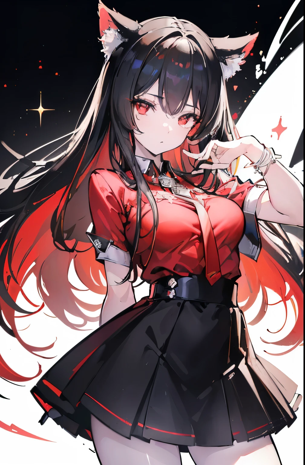 (Cat girl), (smoking), cat ears, black hair, business casual attire, cool, red dress shirt, pretty red eyes, cat tail, ((Crimson Red Eyes eyes: 1.3, Upturned Eyes: 1, Perfect Eyes, Beautiful Detailed Eyes, Gradient eyes: 1, Finely Detailed Beautiful Eyes: 1, Symmetrical Eyes: 1, Big Highlight On Eyes: 1.2)), (((Lustrous Skin: 1.5, Bright Skin: 1.5, Skin Fair, Shiny Skin, Very Shiny Skin, Shiny Body, Plastic Glitter Skin, Exaggerated Shiny Skin, Illuminated Skin))), (Detailed Body, (Detailed Face)), (((Skirt))), High Resolution, Sharp Focus, Ultra Detailed, Extremely Detailed, Extremely High Quality Artwork, (Realistic, Photorealistic: 1.37), 8k_Wallpaper, (Extremely Detailed CG 8k), (Very Fine 8K CG), ((Hyper Super Ultra Detailed Perfect Piece)), (((Flawless masterpiece))), Illustration, Vibrant Colors, (Intricate), High Contrast, Selective Lighting, Double Exposure, HDR (High Dynamic Range), Post-processing, Background Blur, (Sexy pose), (Mature woman), big sis