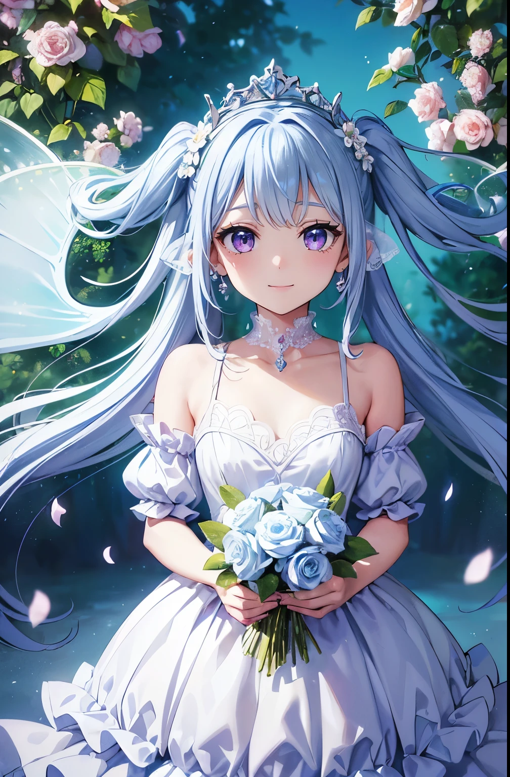 (highest quality, masterpiece, Very detailed, Very detailed, Exquisite, 16k,Full HD),A little closer,Golden Ratio,Dramatic lighting,pastel colour,Looks happy,fly in the sky,Soft lighting, ((alone:1.5)),(blue sky,morning sky,sunny),Magical Forest,flower,wood,flower畑,葉やflowerびらが舞い散る,From above,((head shot)),画面を埋め尽くすflower,(Fairy Princess, Purple eyes, Long eyelashes,White skin,slim,Pale pink cheeks, The wind is blowing,Light blue long hair、Twin tails ,(thin and high nose,Small Nose),(From above her waist, Giant fairy wings),The magic of flower,flower tiara,Diamond Earrings,Diamond Choker,(White ball gown dress with flower petal motif, A dress decorated with flowers,Lace and frills),(smile:1.2), (Fantasy, Romantic atmosphere), 