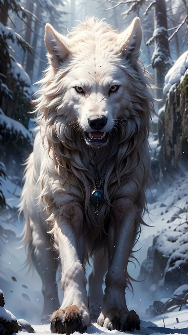 ((A woman from the snowy mountains, viste un traje de pieles de animales sexy y blanco), (Cabello Gris platinado muy largo con rastas), con pecas y la nariz roja por el frio intenso, pose de cazadora, cuerpo atletico y tatuajes tribales, pelo gris despeinado, tiene un lobo blanco de mascota, feroz y leal. They are on an ancient rock in the snow, raytraced, viento, paisaje de bosque nevado, (aesthetics and atmosphere:1.2), curiosa, feroz, valiente, ojos brillantes y azul cyan,plano amplio, cuerpo completo, extremidades posando como cazador. (foto cruda, mejor calidad), (realista, photo-realista:1.3), Obra maestra, un extremadamente atletico y hermoso cuerpo, cuerpo palido extremadamente detallado, Best quality score, ultra dynamic rage hunter pose, close up, high view, snowy forest atmosphere, angulo picado, pose de cazadora
