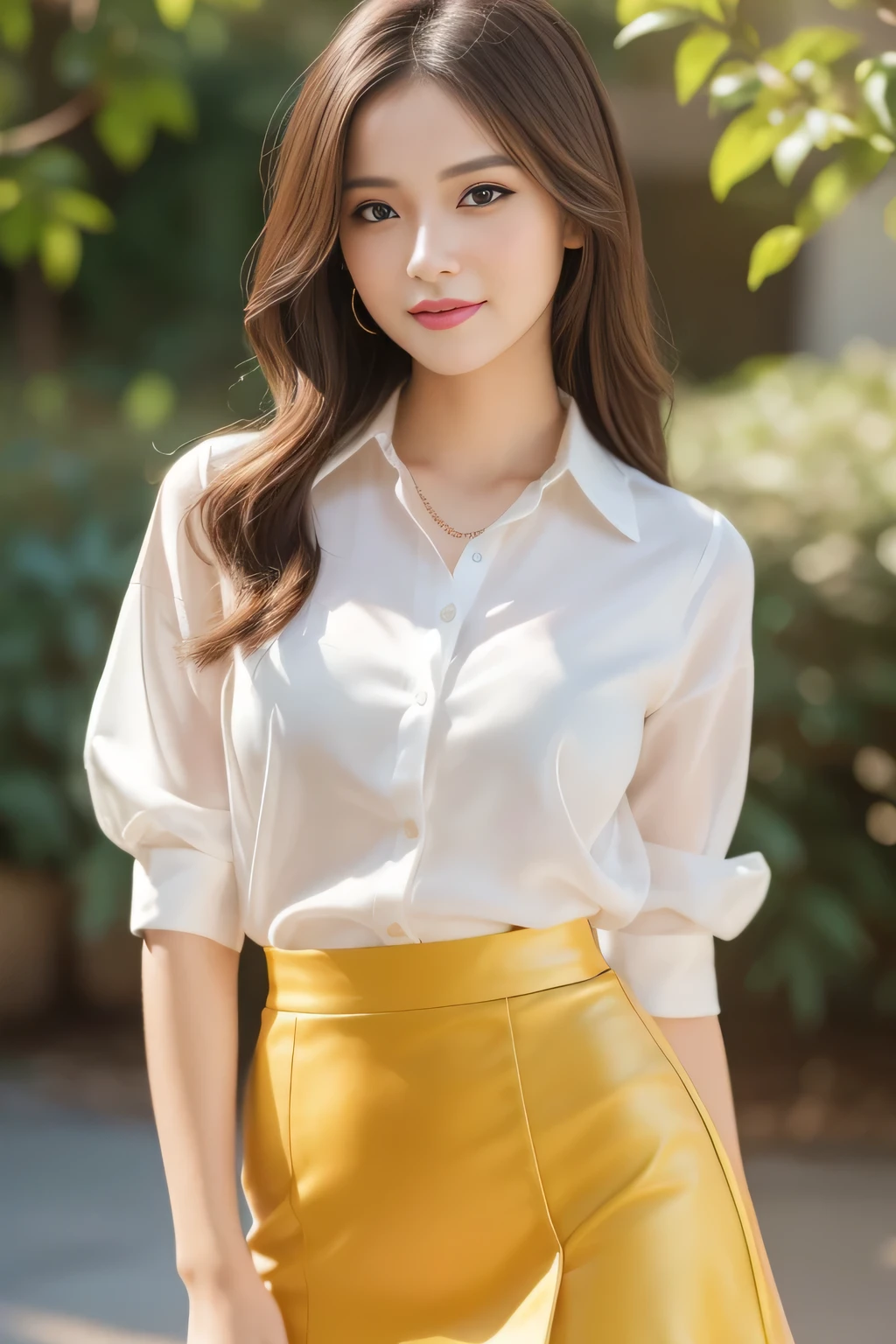 (highest quality,Very detailed,Photorealistic:1.37),Very beautiful eyes, Bright and vibrant colors,Studio Lighting, Playful expressions, Very fine grain, Stylish makeup,Beautiful fashion model posing, Ribbon Blouse Silk Shirt, loose long shirt, (mini black pencil skirt) (Skin Tight Skirt), Slim figure, Medium round chest, High Fashion, Brown hair fluttering in the wind,Captivating eyes,Glossy Lips,Sexy pose, Confident、Captivating smile, Posing for a professional photo shoot, Shallow depth of field, emphasize the subject, Soft natural light, Create a dreamy and magical atmosphere.