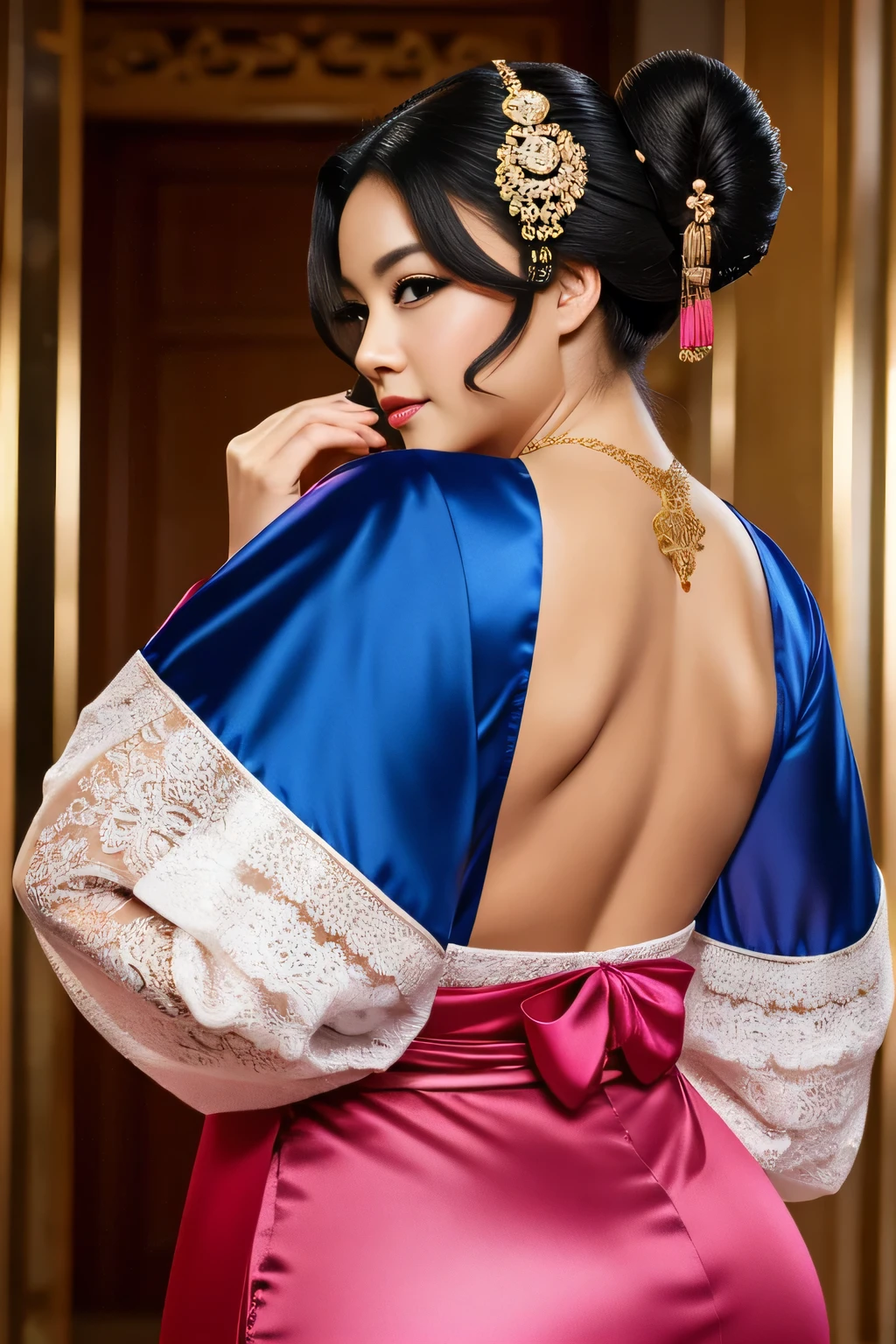 GEISHA ,CHUBBY, BBW, photo vintage, visage feminin parfait, BLACKHAIR , tache de rousseur, 1788, big huge breasts : 68H, REAR ASS VIEW, Rembrandt LIGHT , EXTREME LONG V-NECK, BIG CLEAVAGE, BEAUTIFUL EYES, BEAUTIFUL HANDS, LIGHT SMILES, PERFECT FACE, tres long décolleté , NECKLACE, RING, JEWELERY RICH, SFW, FULL BODY, COLORFUL, SEXY ROYAL LINGERIE, ENORMOUS BREAST, AROUSED, DETAILLED FACE, PERFECT BODY, WHITE- GOLD COSTUME, 4FINGERS, VERY DETAILED FACE, PINK, chinese home background