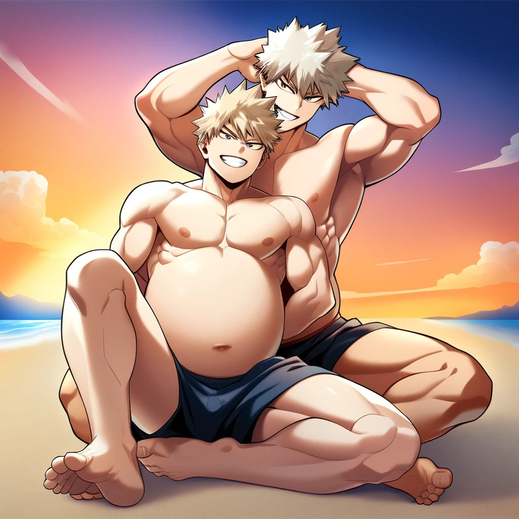 2boys, full body, male focus, muscular male, best quality, amazing quality, best aesthetic, absurdres, at the beach, gay couple, official style, year 2023, game cg, looking at viewer, happy, looking at viewer, together on picture, yaoi, gay couple, emphasizing the extraordinary size of pregnant belly, pregnant belly, wet with milk dripping, (bakugou katsuki), (Flame Hero: Endeavor), boku no hero academia, nipples, arms back of head, wearing black short underwear, grin.
