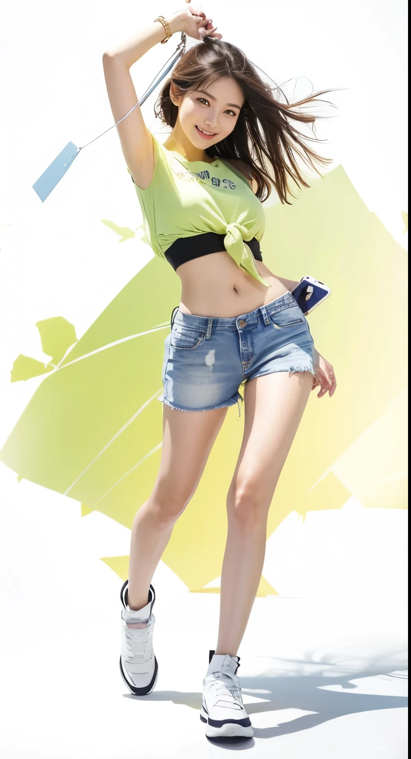 Holding a mobile phone,Charming smile,jeans