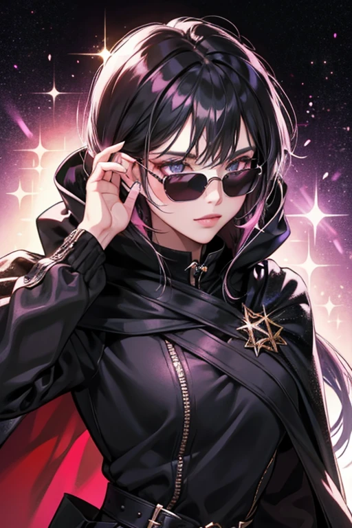 She wears a black cape with a pink skull clasp, sunglasses, and a black hood that covers her ears. SPARKLE; GLITTER