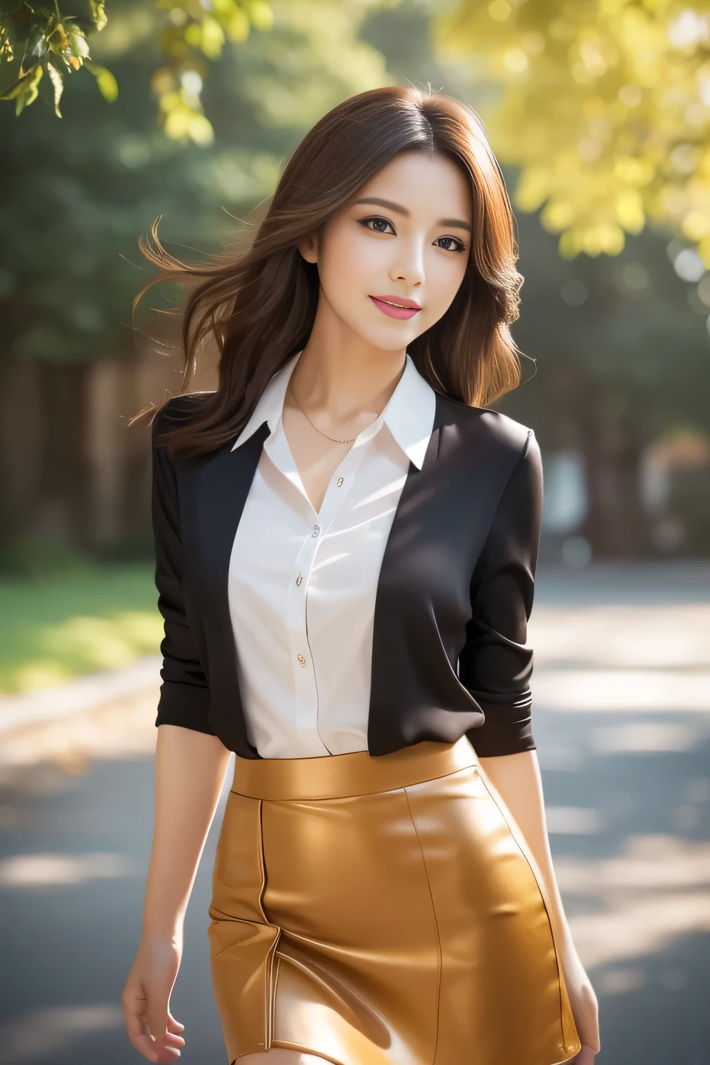 (highest quality,Very detailed,Photorealistic:1.37),Very beautiful eyes, Bright and vibrant colors,Studio Lighting, Playful expressions, Very fine grain, Stylish makeup,Beautiful fashion model posing, Ribbon Blouse Silk Shirt, loose long shirt, (mini black pencil skirt) (Skin Tight Skirt), Slim figure, Medium round chest, High Fashion, Brown hair fluttering in the wind,Captivating eyes,Glossy Lips,Sexy pose, Confident、Captivating smile, Posing for a professional photo shoot, Shallow depth of field, emphasize the subject, Soft natural light, Create a dreamy and magical atmosphere.