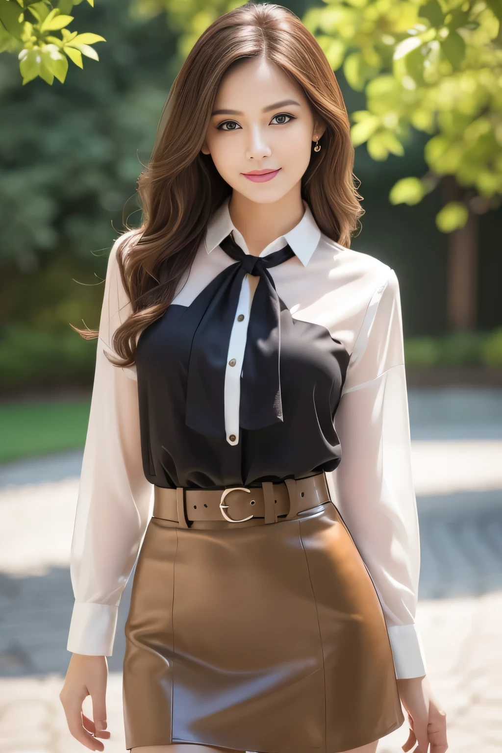 (highest quality,Very detailed,Photorealistic:1.37),Very beautiful eyes, Bright and vibrant colors,Studio Lighting, Playful expressions, Very fine grain, Stylish makeup,Beautiful fashion model posing, Ribbon Blouse Silk Shirt, loose long shirt, (mini black pencil skirt) (Skin Tight Skirt), Slim figure, Medium round chest, High Fashion, Brown hair fluttering in the wind,Captivating eyes,Glossy Lips,Sexy pose, Confident、Captivating smile, Posing for a professional photo shoot, Shallow depth of field, emphasize the subject, Soft natural light, Create a dreamy and magical atmosphere.