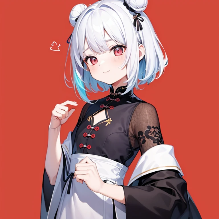 超A high resolution, Hmph, Best aesthetics, highest quality, Tabletop, Flat avatar, Perfect lighting、(colorful、Bright colors: 1.4)、White Hair,Shortcuts, Laughter, Little, Simple Background,, Side Lock, Large oval eyes,Flat avatar, Laughter, head shot, Simple Background, China dress,chinese bun black short hair,bun cover,
